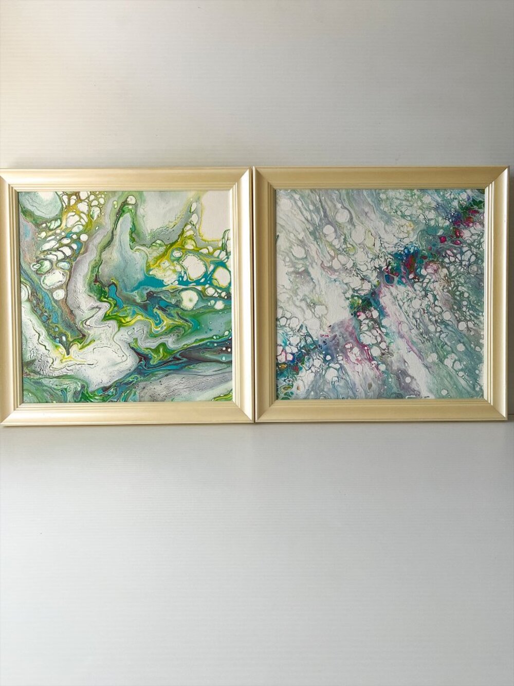 Pair Original Acrylic Pour Paintings Signed Framed Abstract 14" Decor